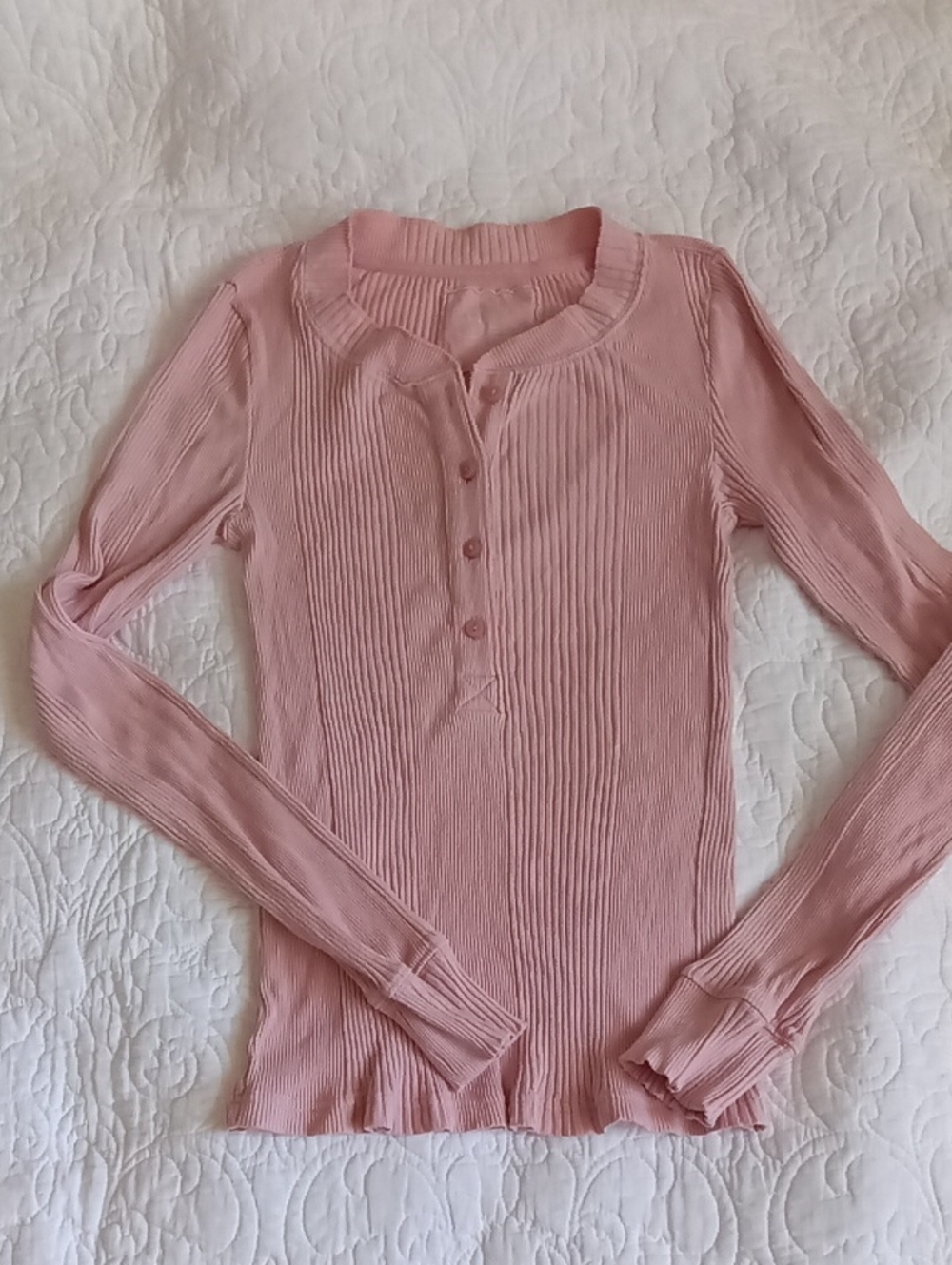 aerie Blush Pink Ribbed Long Sleeve Henley Top